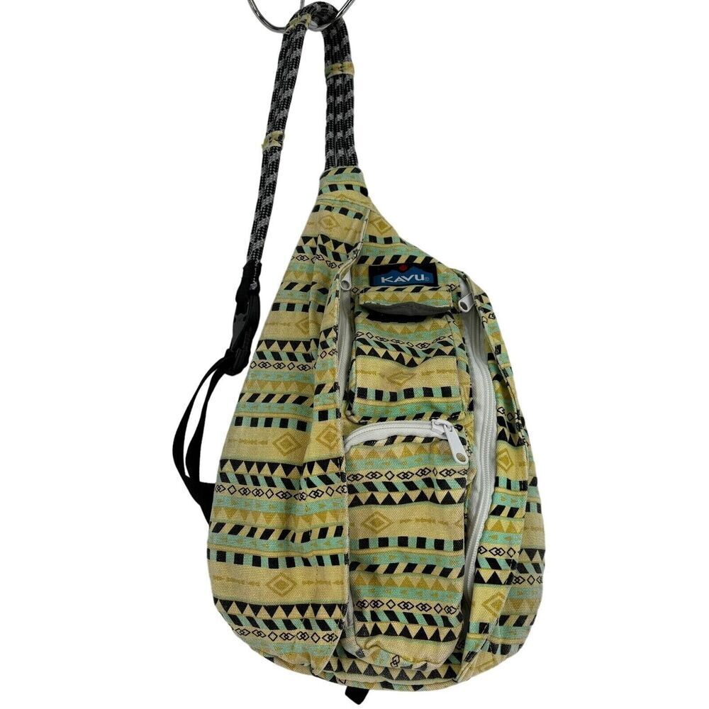 KAVU Rope Sling Bag Crossbody Yellow Geometric Aztec Canvas Shoulder Backpack